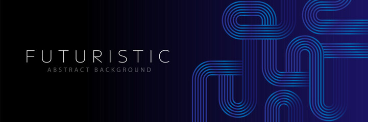 Futuristic abstract background. Glowing blue geometric lines design. Modern shiny blue diagonal rounded lines pattern. Horizontal banner template with space for your text. Vector illustration