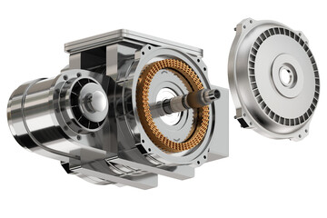 Isometric exploded view of Single Electric Vehicle Motor on white background. Generic design. 3D rendering illustration.