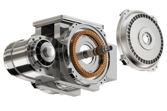 Isometric exploded view of Single Electric Vehicle Motor on white background. Generic design. 3D rendering illustration.
