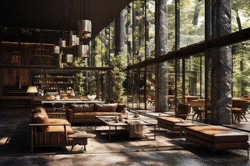 Interior Design of a Cafe Concrete and Glass Facade, Generative AI