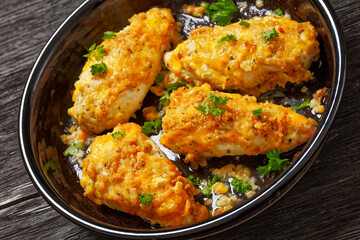 baked chicken breasts under cracker cheese crust