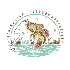 fish in the water fishing club outdoor adventure with a old stamp vintage style isolated illustration