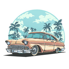 Vintage classic retro car on the beach with a clear sky illustration