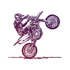 Extreme supermoto biker wheelie freestyle cartoon illustration - obrazy, fototapety, plakaty