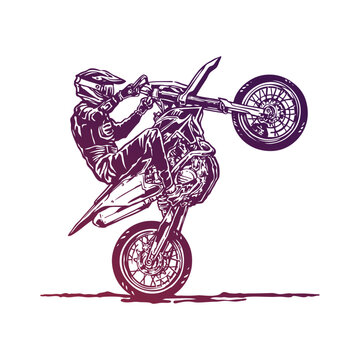 Extreme supermoto biker wheelie freestyle cartoon illustration