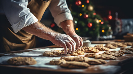male hands preparing christmas biscuits, close up