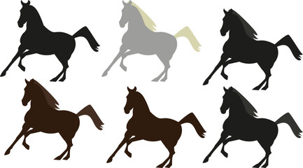 Vector galloping horse. Arabic black stallion set. Brown color horse, white horse. Horse silhouettes isolated. Horse raicing. Vector illustration.