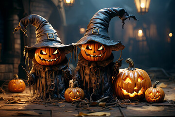 halloween greeting card with cartoon characters evil pumpkins. Generative AI