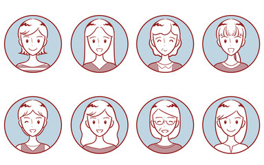 様々な年代の大人女性　ポジティブな表情　丸いアイコンセット　バイカラー1
