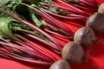 Fresh beetroots with leaves on red background