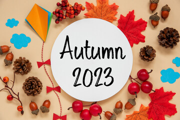 Fototapeta na wymiar Fall Decoration, Autumn Leaves and Kite, With Text Autumn 2023