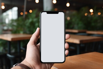 smartphone mockup with blank screen against blurred coffee shop background