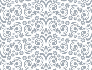 Wallpaper in the style of Baroque. Seamless vector background. White and gray floral ornament. Graphic pattern for fabric, wallpaper, packaging. Ornate Damask flower ornament.