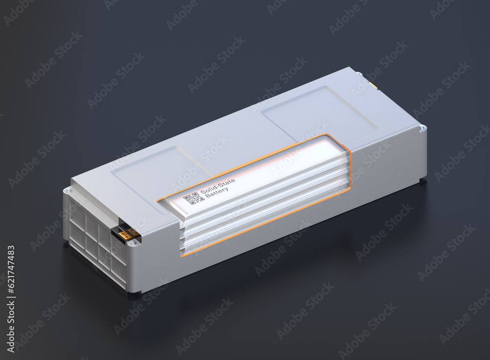 Poster cutaway view of a solid-state battery module on black background. next generation electric vehicle b