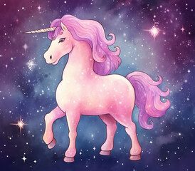 Fototapeta na wymiar unicorn in the stars with a pink mane and purple mane. generative ai.
