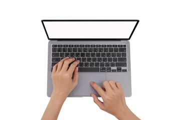 Woman's hand is using laptop on white background.
