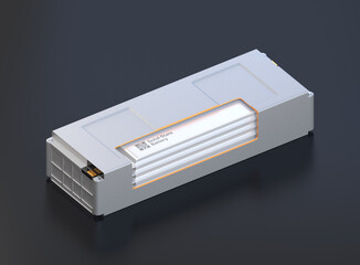 Cutaway view of a Solid-State Battery module on black background. Next Generation Electric Vehicle Battery concept. Generic design. Isometric view. 3D rendering illustration.