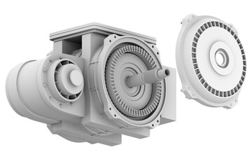Isometric exploded view of Single Electric Vehicle Motor on white background. Clay rendering style....