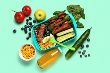 Fruits, vegetables and lunchbox with tasty food on turquoise background