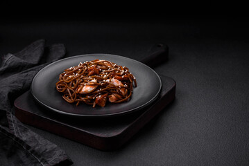 Delicious fresh buckwheat noodles with boiled tiger prawns, salt, spices and mushrooms