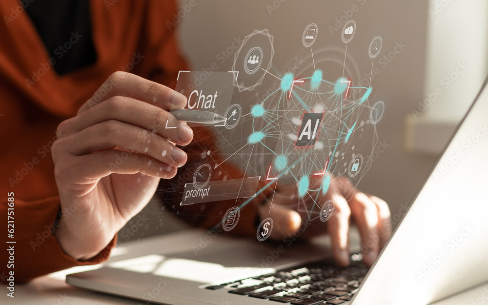 Poster chat ai concept, people using computer side view typing on laptop keyboard chat with ai or artificia
