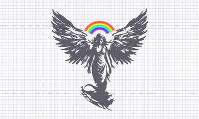 Vector translucent ink winged lady angel with rainbow halo. Church religion and culture. Divine goddess.