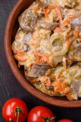 Delicious boiled beef or pork tongue sliced with carrots, onions, sour cream and spices