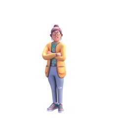3d rendering, female cartoon character wearing a yellow cardigan standing