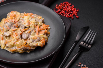 Delicious boiled beef or pork tongue sliced with carrots, onions, sour cream and spices