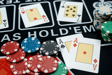 Playing cards with a winning combination with chips at casino table