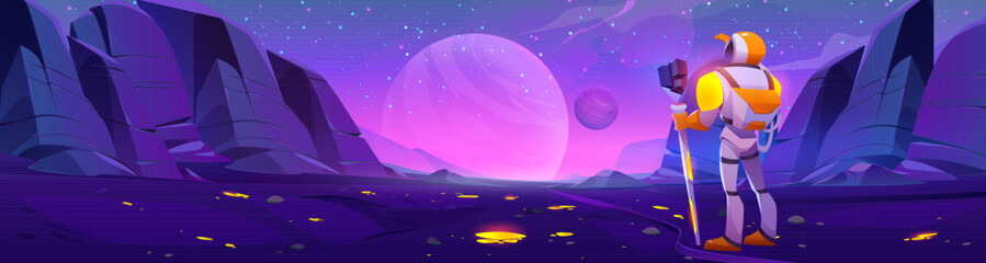 Obraz premium Astronaut standing on alien planet surface. Vector cartoon illustration of space explorer looking at desert landscape with neon yellow particles, stars glowing in sky, cosmic adventure game background
