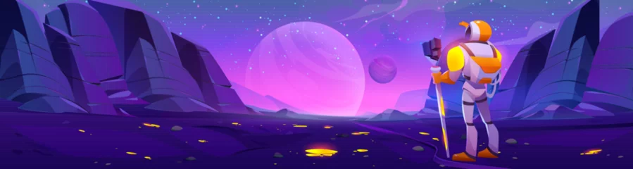 Photo sur Aluminium Violet Astronaut standing on alien planet surface. Vector cartoon illustration of space explorer looking at desert landscape with neon yellow particles, stars glowing in sky, cosmic adventure game background
