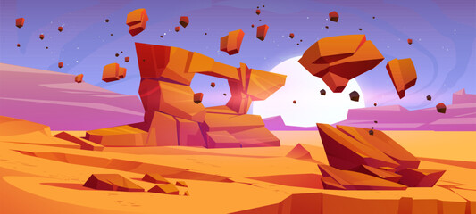 Mars desert landscape with floating rock vector illustration. Martian boulder terrain with rocky arch cartoon background. Monument formation construction in drought sand space place environment © klyaksun