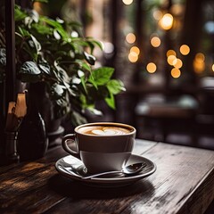 Obraz premium Vintage cafe experience. Closeup of white cup of coffee on vintage wooden table on blur restaurant background