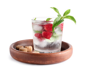 Glass of fresh raspberry lemonade with mint on white background