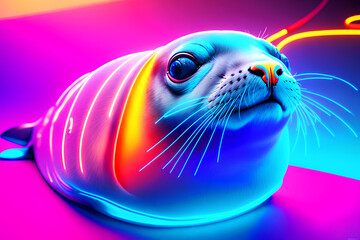 Cute and pretty navy seal close-up, illuminated with various colors, neon lighting