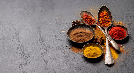 Various spices in bowls and spoons on stone table
