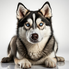 A Siberian Husky (Canis lupus familiaris) with dichromatic eyes sitting confidently.