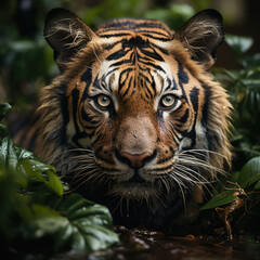 A powerful tiger (Panthera tigris) amidst the lush jungle. Taken with a professional camera and lens.
