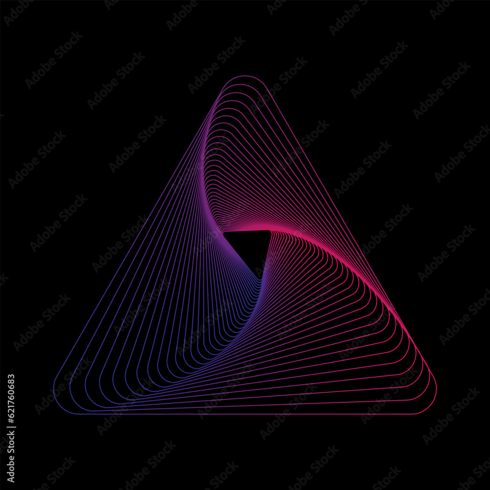 Poster pink and cyan wireframe spirograph triangle vector illustration. triangular technology tunnel design