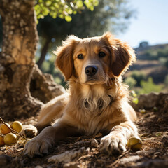 A contented puppy (Canis lupus familiaris) resting under the shade of ancient olive trees in a serene garden in Tuscany.