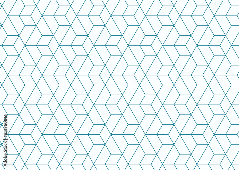 Poster blue and white outlined 3d cube seamless pattern. isometric cubic polygons line art vector illustrat