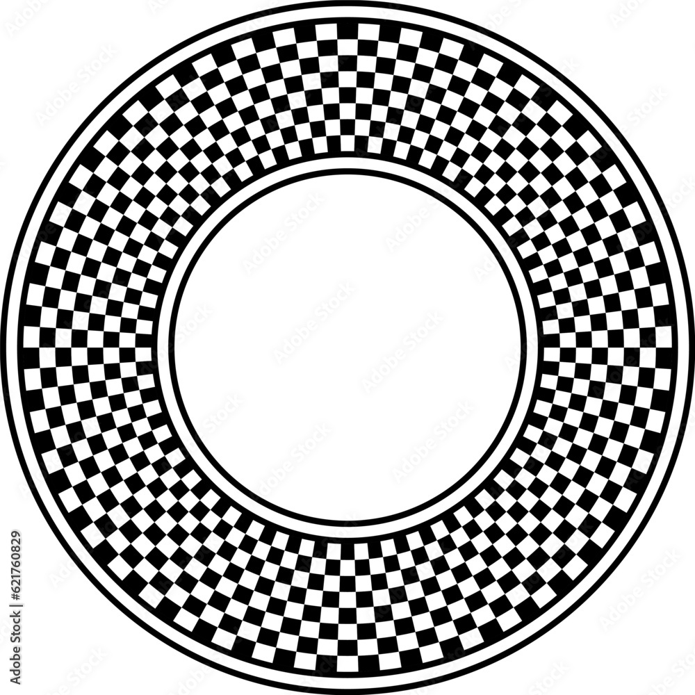 Poster black and white circle frame with checker pattern. round checkerboard border. circular alternating c