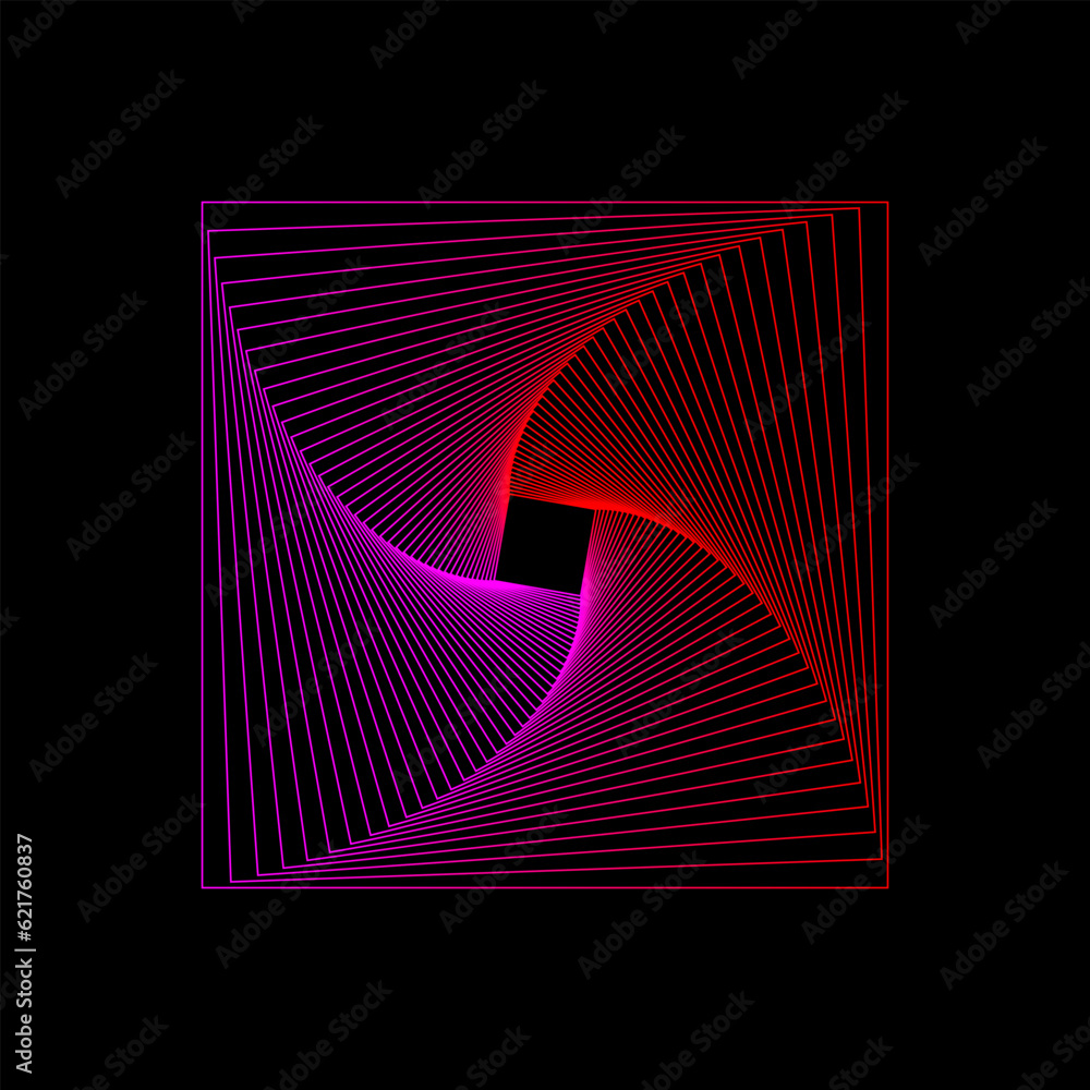 Poster pink and red square wireframe spirograph isolated on black background. squarish technology tunnel sp