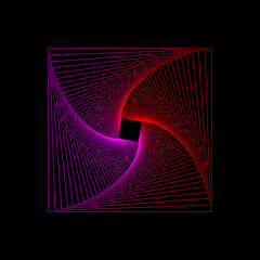 Pink and red square wireframe spirograph isolated on black background. Squarish technology tunnel spiral vector illustration.