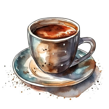Watercolor cup of coffee. Sketch style illustration, hand draw, doodle. Icon, logo, print, sublimation, clipart. AI generated