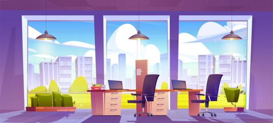 Company office interior with large windows and furniture. Vector cartoon illustration of room with laptops and folders on desks, chairs, lamps. Cityscape buildings, green lawn view. Business workspace