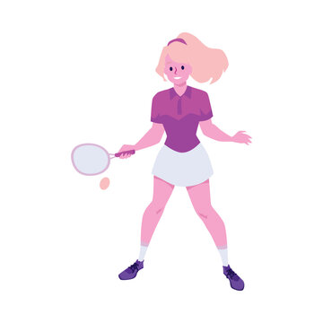 Female tenisist character full length with racket, vector illustration isolated.
