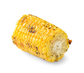 Cut tasty grilled corn cob on white background
