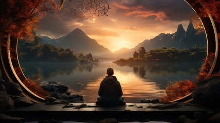 Naklejka na ściany i meble Serene Nature Scene with a Peaceful Meditator by a Calming Lake